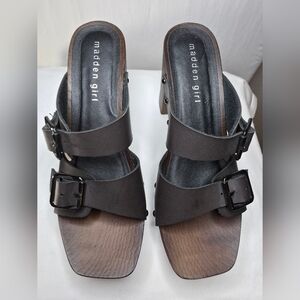 Madden Girl Y2K 90s Wood Platform Double Buckle Chunky Block Slide Heel Mules